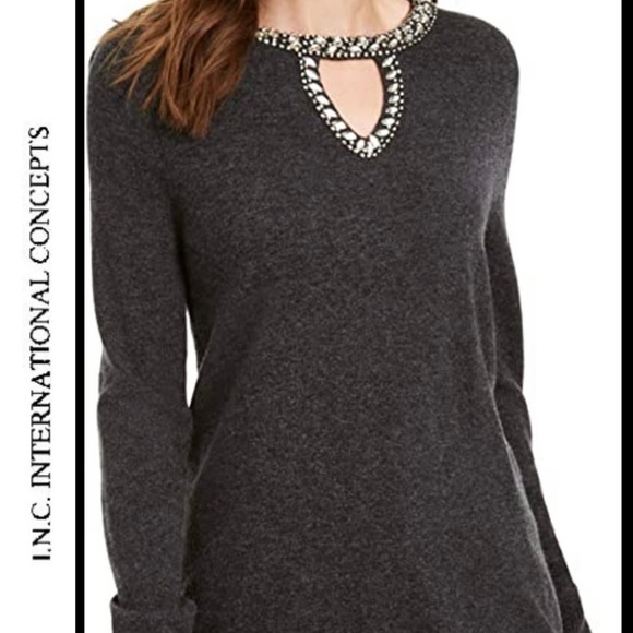NWT. $80R INC Embellished Keyhole Sweater Size Large  Heather Onxy - Picture 1 of 6